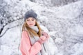 Portrait of young blondy girl during snowfall