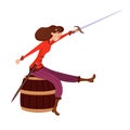 Female pirate character sitting at barrel table Royalty Free Stock Photo