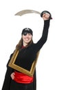 The female pirate with sword and photo frame Royalty Free Stock Photo