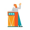 Female player of quiz show standing on the tribune answering questions. Vector illustration in the flat cartoon style. Royalty Free Stock Photo