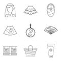 Female pleasure icons set, outline style