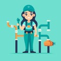 Female plumber. Flat style illustration of plumber woman in workwear