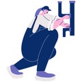 Woman plumber making a pipe repair vector illustration