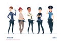 Female police officer collection. Young cheerful police women. Police girls character collection