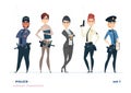 Female police officer collection. Young cheerful police women. Police girls character collection