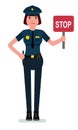 Female police officer holding a stop sign. Cartoon character policewoman isolated on white background. Vector