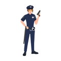 Female police officer wearing uniform, cap and sunglasses and holding gun. Woman cop or policewoman. Cartoon character Royalty Free Stock Photo