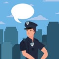 female policeman speech bubble city street Royalty Free Stock Photo