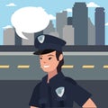 female policeman speech bubble city street Royalty Free Stock Photo