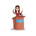 Female politician character standing behind rostrum with raising hands and giving a speech, public speaker, political