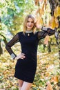 Female porteait in autumn park. Beaurtiful woman in black dress posing with yellow trees