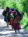 Female porters carry goods in their noken from Wamena to their village in the Baliem Valley. West Papu, Indonesia