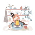 Female potter making ceramic vase on pottery wheel. Woman creating and shaping clay pot in workshop. Handicraft hobby Royalty Free Stock Photo