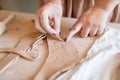 Female potter shaping clay, pottery workshop Royalty Free Stock Photo