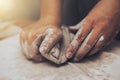 Female potter works with clay, craftsman hands close up Royalty Free Stock Photo