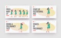 Female Pregnancy Stages Landing Page Template Set. Positive Test, Calendar Date, Growing Belly, Woman Child Delivery Royalty Free Stock Photo