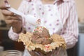 Female Preparing Chocolate Ice-Cream In Waffle