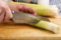 Female preparing leek with a kitchen knife Royalty Free Stock Photo