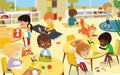 Children in the playroom, boys and girls involved in Montessori activities - sew, make a collage,