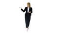 Female presenter blond woman walking and pointing to the sides o