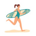 Female pretty surfer runs along beach with surf board. Girl at sea resort on seasible sport vocation.