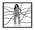 A female prisoner from jail or a prison is seen with the stripes of her prison clothing extending to tie her down