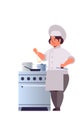 Female professional chef cook preparing and tasting dishes woman restaurant worker in uniform near kitchen stove cooking