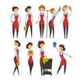 Female professional cleaner set, cleaning company team cartoon vector Illustrations Royalty Free Stock Photo