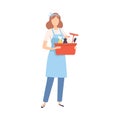 Female Professional Cleaner Standing with Basket of Detergents, Cleaning Company Staff Character Dressed in Uniform with