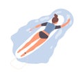 Female professional surfer lying on surfboard swimming on tide vector flat illustration. Woman enjoying seasonal extreme