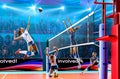 Female professional volleyball players in action on grand court Royalty Free Stock Photo
