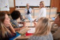 Female professor discussing a lesson with students