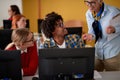 Female professor explaining an informatics lesson to the students