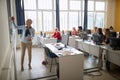 Female professor writing on the board at an informatics lecture Royalty Free Stock Photo