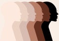 Female profile silhouettes, skin colors, vector Royalty Free Stock Photo