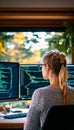 Female Programmer Coding On Dual Monitors At Home Office, Building SaaS Platform Software