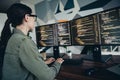 Female programmer coding at her desk with dual monitors in a modern workspace setting Royalty Free Stock Photo