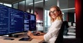 Female Programmer Coding On Multiple Computer Screens Royalty Free Stock Photo