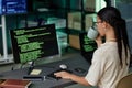 Female IT Programmer Drinking Tea while Using Computer for Writing Code in Office Royalty Free Stock Photo