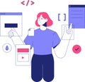 Female Programmer Managing Digital Interfaces In Flat Vector Illustration Symbolizing Software Development, Coding, And