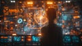 Female Programmer Overlooking Advanced Technology Hub With Illuminated Displays