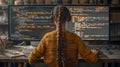 Female Programmer Coding on Dual Monitors in Cozy Workspace