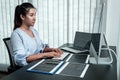 Female Programmer working in software javascript computer in IT office, Writing codes and data code website and coding database Royalty Free Stock Photo
