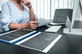 Female Programmer working in software javascript computer in IT office, Writing codes and data code website and coding database Royalty Free Stock Photo