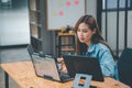Female programmers are thinking and planning to work on programming, software coding and web design.Concept technology development Royalty Free Stock Photo