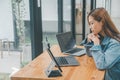 Female programmers are thinking and planning to work on programming, software coding and web design.Concept technology development Royalty Free Stock Photo