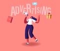 Female Promoter Character Advertising. Online Public Relations and Affairs. Woman Shouting to Megaphone, Digital Ads.