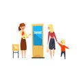 Female promoter character promoting products or services on an electronic promo stand, people walking at trade show