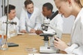 Female Pupil Using Microscope In Science Lesson Royalty Free Stock Photo
