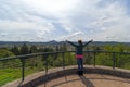 Female raised arms at top of Skinner Butte Park Vewpoint Royalty Free Stock Photo